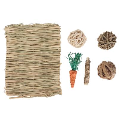 Hamster Chew Toy Set Hand Woven Teeth Grinding Toxic Free Pet Grass Mat Ball Toys for Guinea Pig