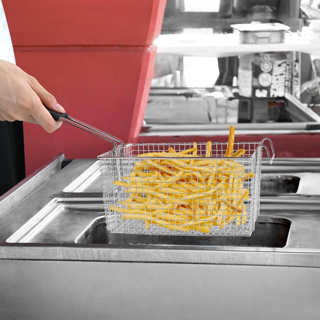 Basket for Frying Serving Food, with Rubber Handle Grip, 7.2" x 8.3" x 4.3" Heavy Duty Construction Suitable for