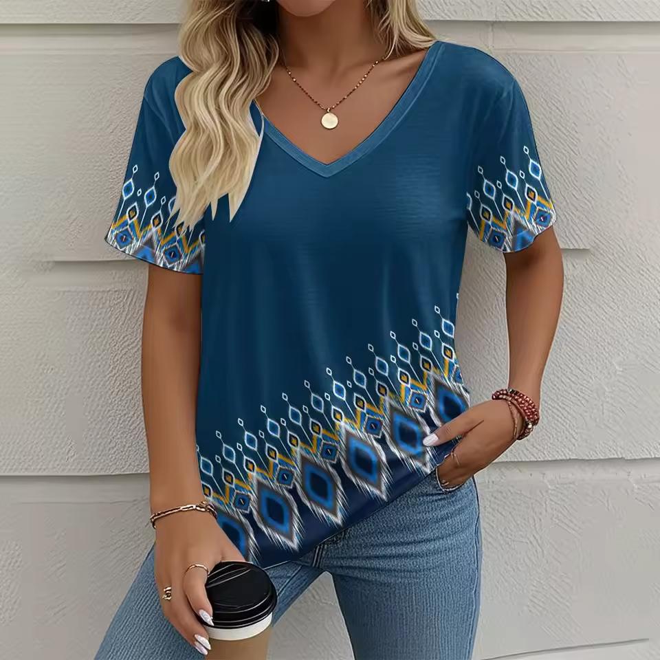 Summer Women's T-Shirt Bohemia Ethnic Style Short Sleeve Tees Fashion V-neck Loose Tops Daily Casual Comfortable Female Clothing