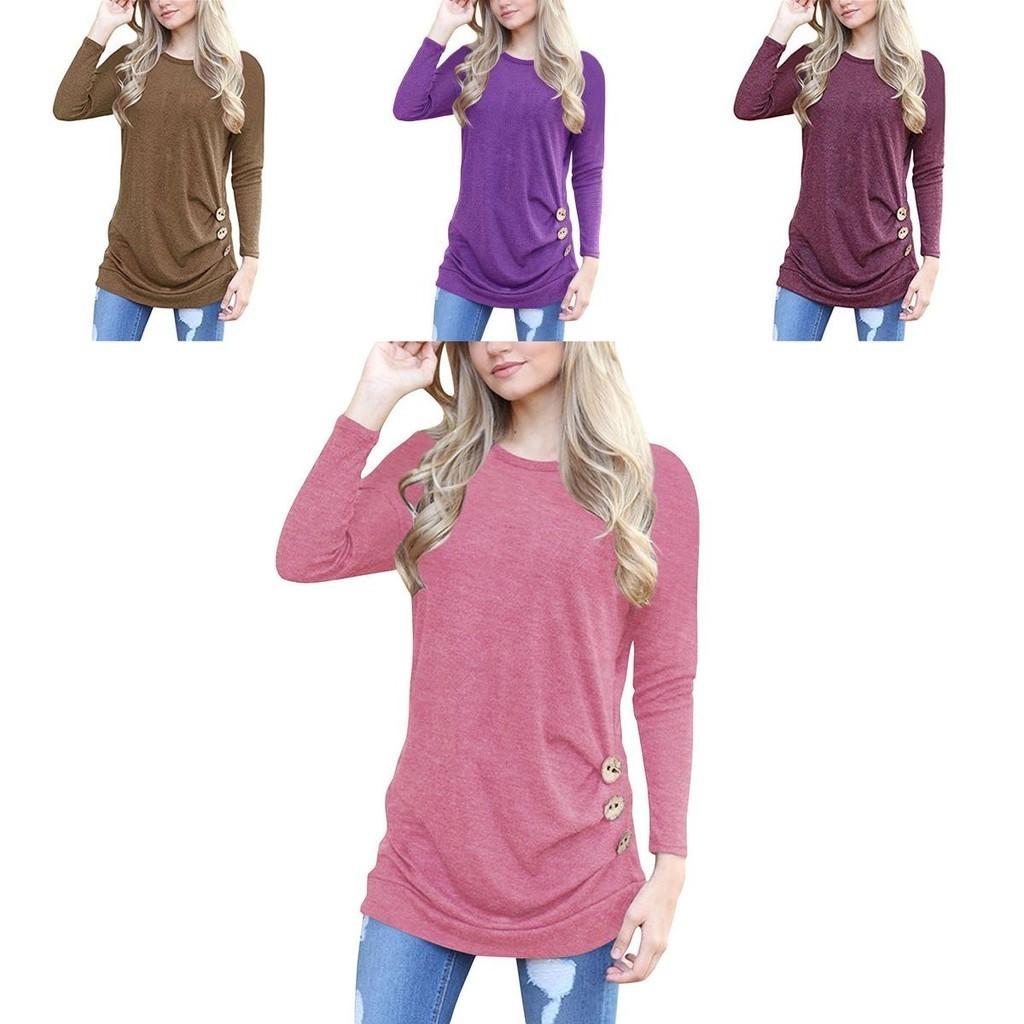 Fashion Women Long Sleeve Casual Blouse Stylish Tunic With Brown Button Accents