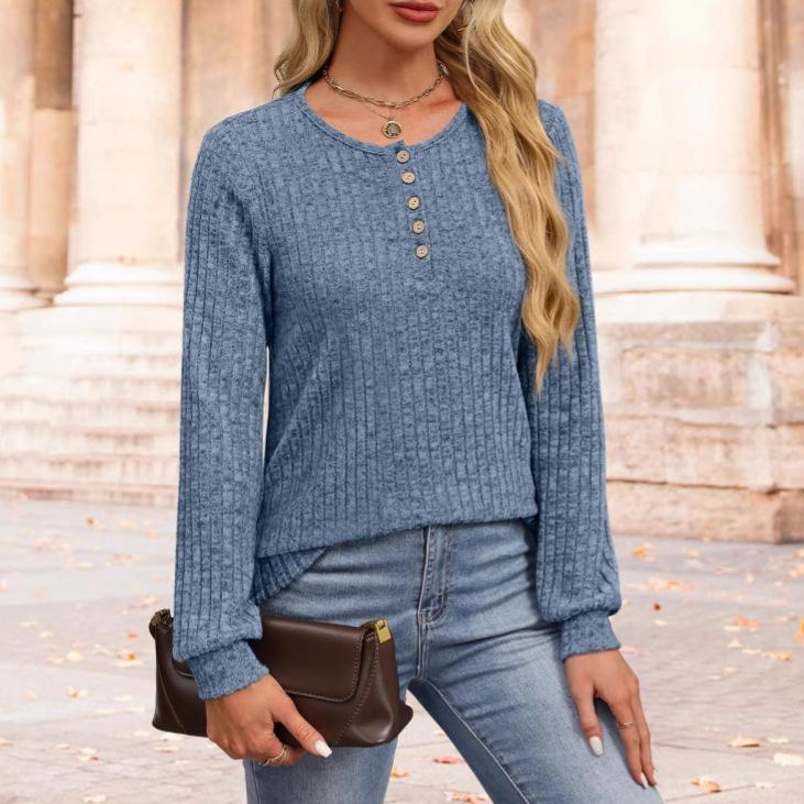 Women's Ribbed Knit Long Sleeve Henley Top Casual Button Front Blouse