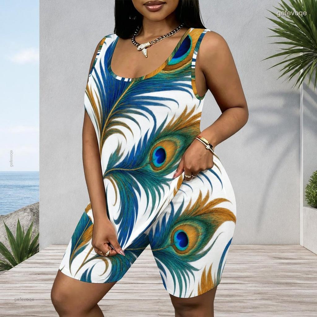 Women Plus Size Scoop Neck Sleeveless Peacock Feather Printed Tank Top And Shorts Two Piece Set