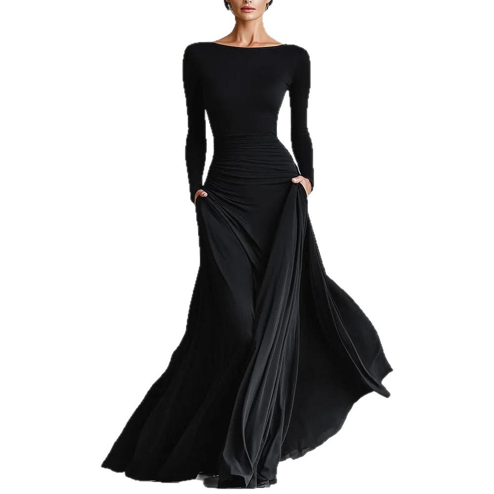 European and American 2025 Autumn-Winter New Collection: Elegant Women's Solid Color Wrap Dress with Boat Neck and Waist-Cinching Slim Fit.