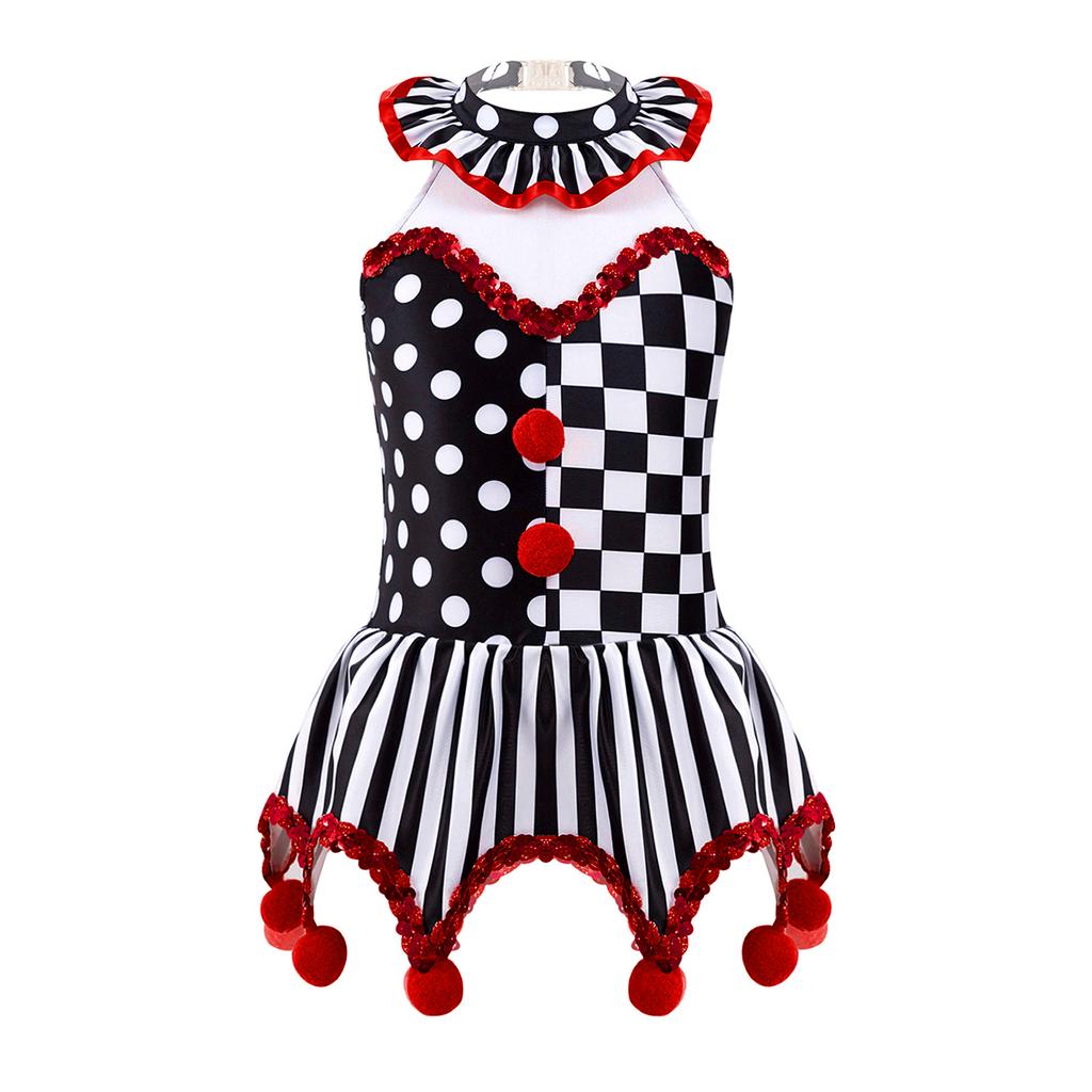 Girls Circus Clown Costume Halter Neck Sleeveless Plaid Polka Dots Stripes Print Sequins Pompoms Dress