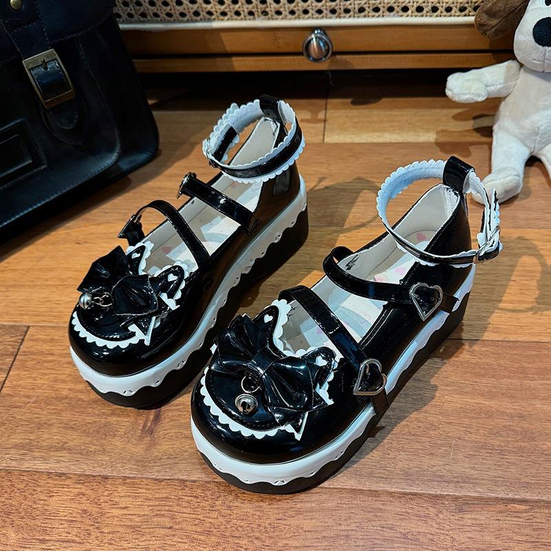 Spring New Wedge Shoes Women Round Head Shallow Bow Line with Waterproof Platform Anti-slip Wear-resistant Mary Single Shoes