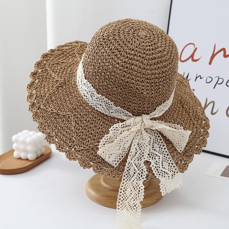 Summer Outing Big Eaves Beach Sun Hat Straw Hat Women Lace Straps Bow Hat Women