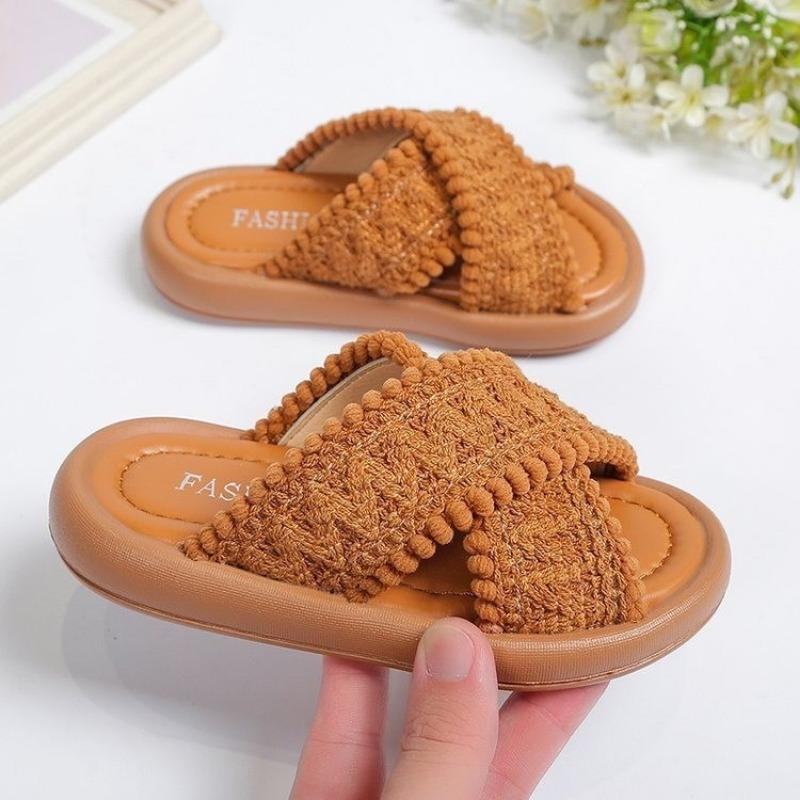 Kids Plush Woven Thick Sole Casual Open Toe Indoor Slide Slippers 23 коричневый