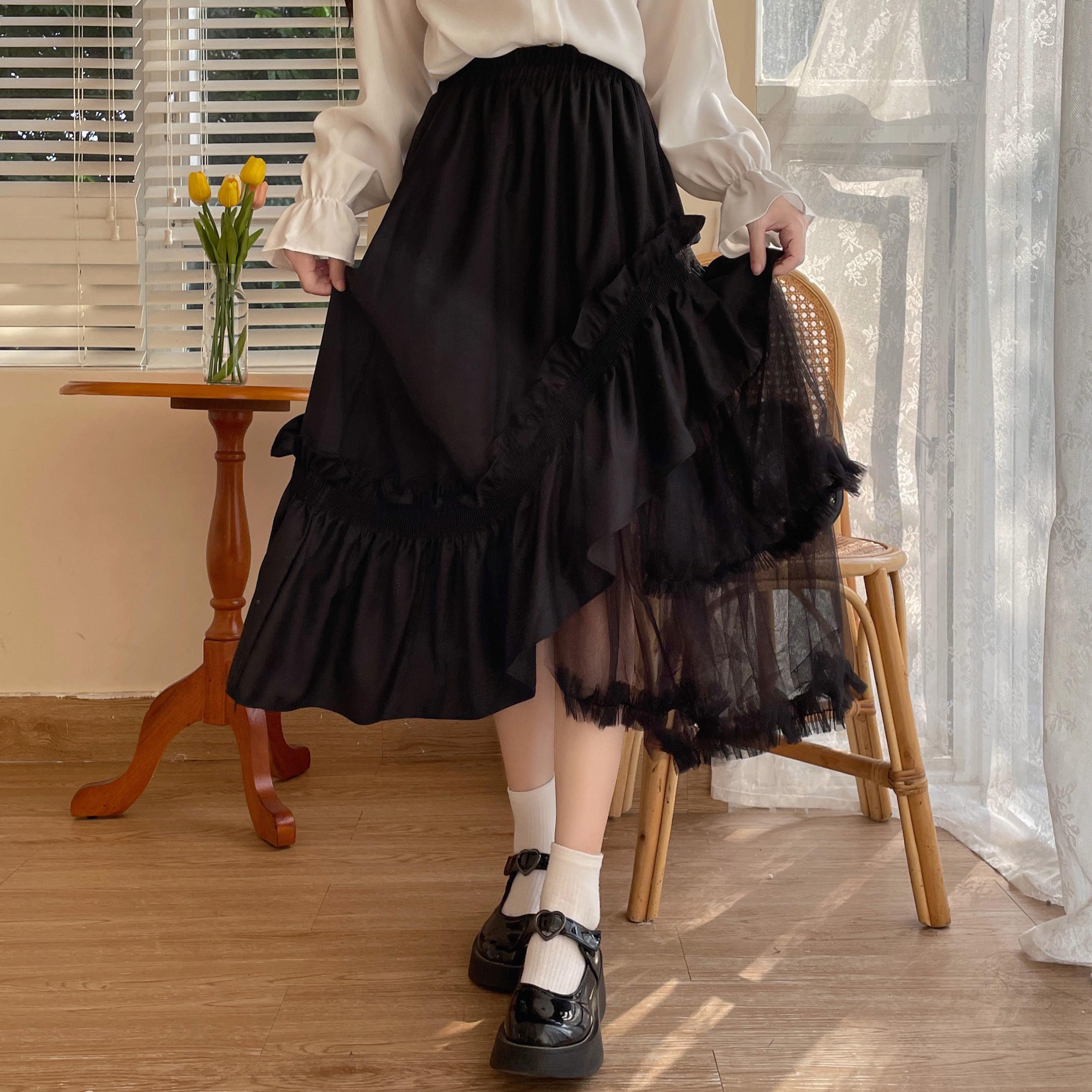 Spring Summer High Waisted Ruffles Asymmetrical Maxi Skirt Women Patchwork Mesh Lolita Skirt One Size чёрный