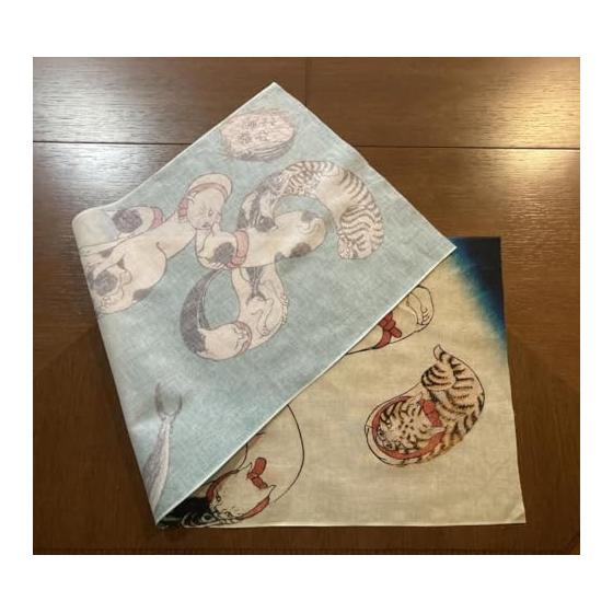 Ukiyo-e Tenugui (Hand Towel) - "Katsuo" (Bonito) Cat Pun by Kuniyoshi Utagawa - 100% Cotton, Tokkaoka Premium Japanese Fabric, Reactive Dye, Nassen