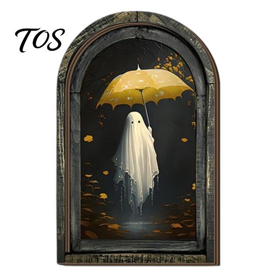 Dark Aesthetic Home Decorations Halloween Arched Wooden Wall Hanging Plaque, Double-Layer Distressed Ghost Cat Ornament, Unique Gothic Atmosphere B