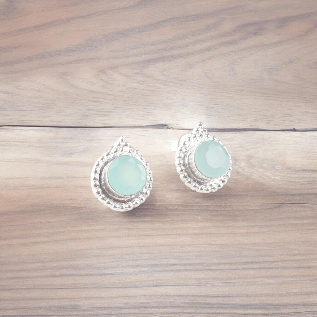Aqua Chalcedony Gemstone 925 Sterling Silver Jewelry Handmade Stud Earrings0.62" EE-125-12