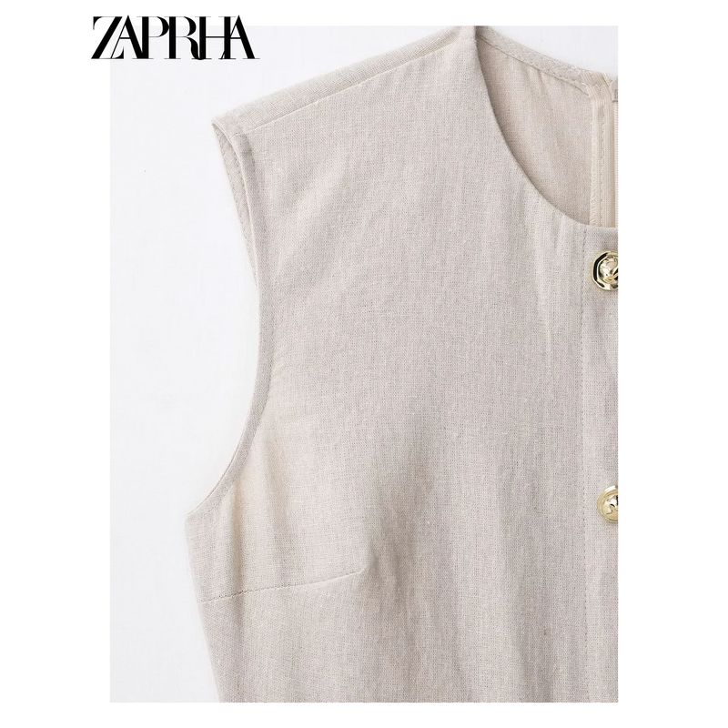Zaprha 2025 New Arrival Linen Blend Buckle Decoration Midi Skirt Sleeveless Dress Waist Slim Looking 3721939