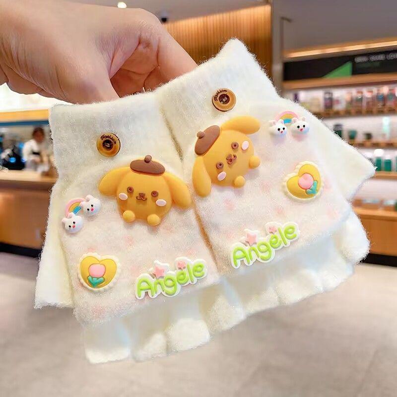 Kuromi Urocze Ciepłe Rękawiczki dla Dziecka: Pogrubione dziecięce rękawiczki bez palców do odrabiania lekcji i ochrony przed zimnem.