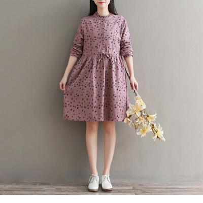 Mori Girl Women Spring Autumn Dress Leaf Print Cotton Dress Full Sleeve Navy Blue Pink Elegant Mini Dress