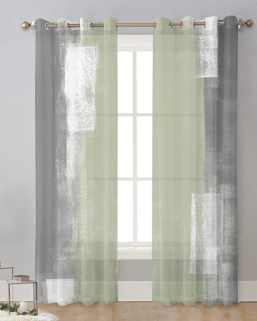 Sage Green Oil Painting Texture Sheer Curtains for Living Room Decoration Window Curtains Kitchen Tulle Voile Organza Curtains
