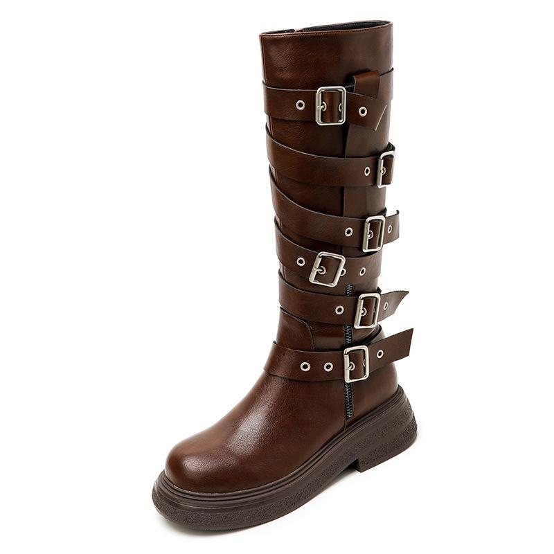 

Maillard brown boots belt buckle but high heel knee knight 2025 new autumn and winter single boots retro long tube 35
