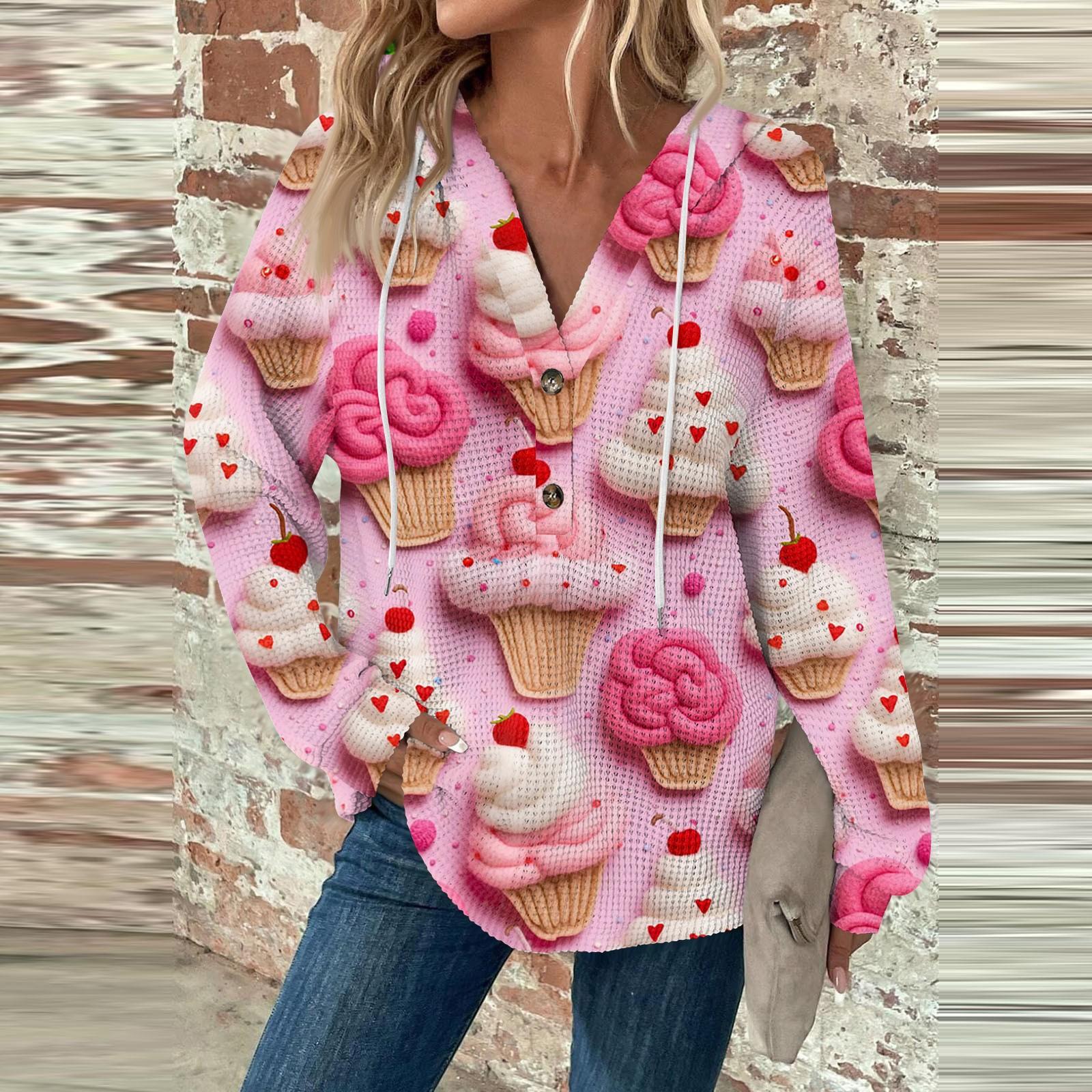 

Женский повседневный топ с длинным рукавом, пуговицами, V-образным вырезом, принтом ко Дню святого Валентина, затягивающимся шнурком и капюшоном XL арбуз красный