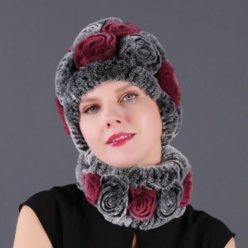 Rex Rabbit Rose Hat and Flower Scarf Set Specializing in the production of Rex Rabbit Scarf Hat Two-piece Adult Hat