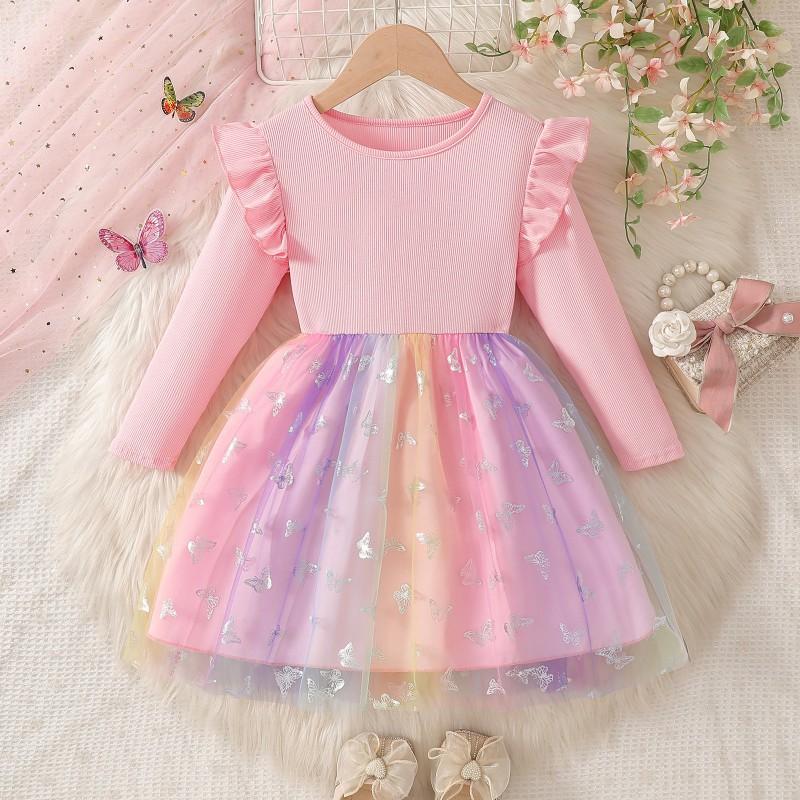 2026 Girls Butterfly Print Rainbow Tulle Dress Kids Princess Fashion Skirt