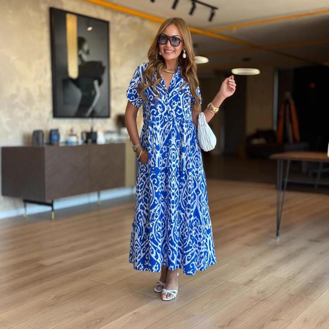 

Женские платья макси с цветочным принтом, элегантное платье с длинным рукавом и V-образным вырезом, свободное летнее платье 5XL