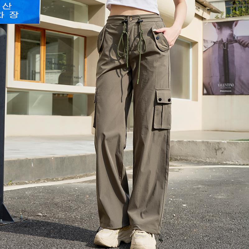 American Overalls Ladies's Summer Thin Section High Waist Wide Leg Quick-drying Sports Pants Straight Paratrooper Pants Ladies