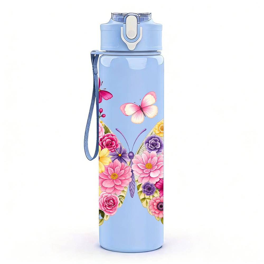 1PC Multi Pink Butterfly Bouquet 750ml Color Plastic Sports Water Bottle Leakproof Flip Straw Lid Suitable for Sports Office Home Use