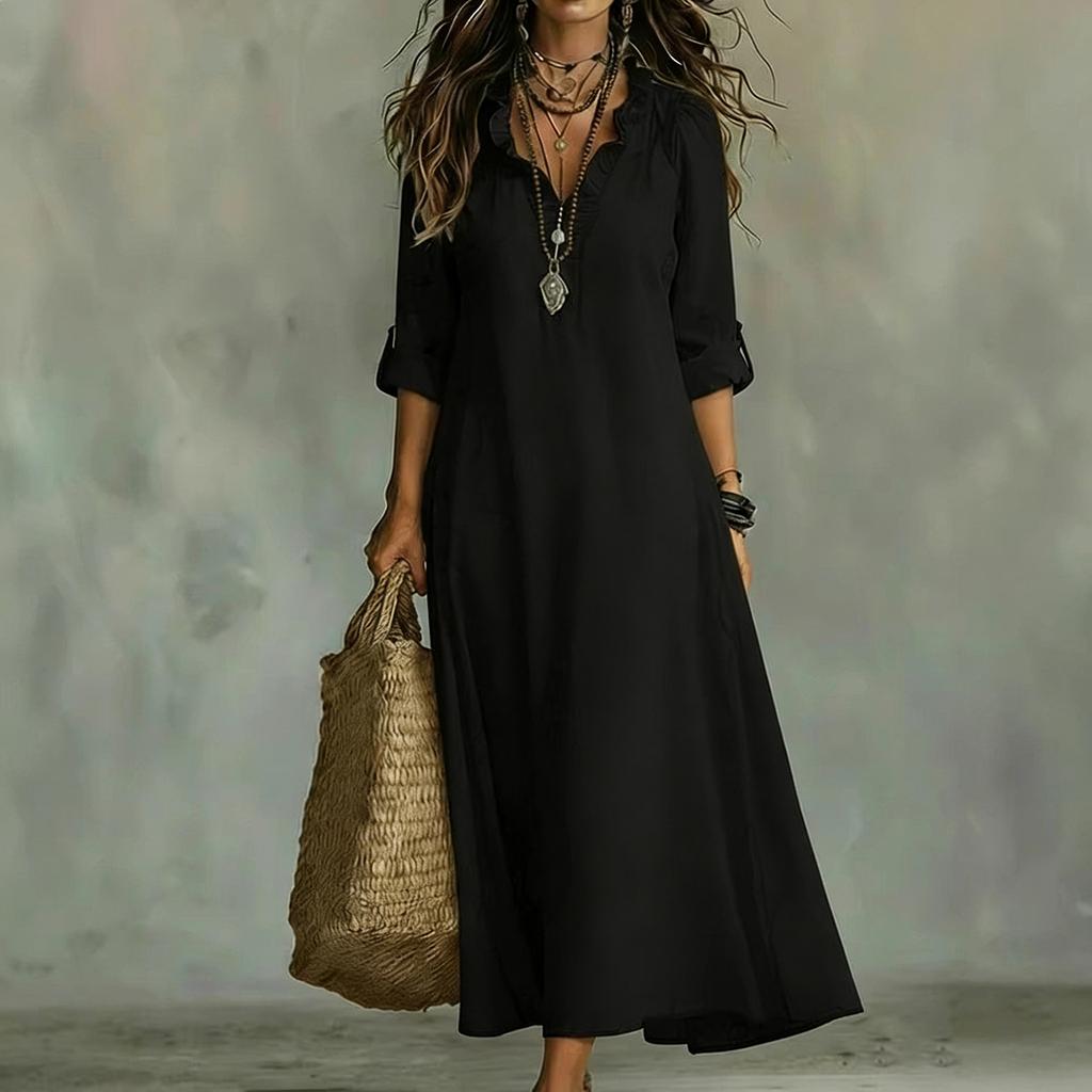 Women’s Summer Relaxed Fit Long Dress Cotton Linen V Neck Ruffle Trim Three Quarter Sleeve Casual Maxi Gown