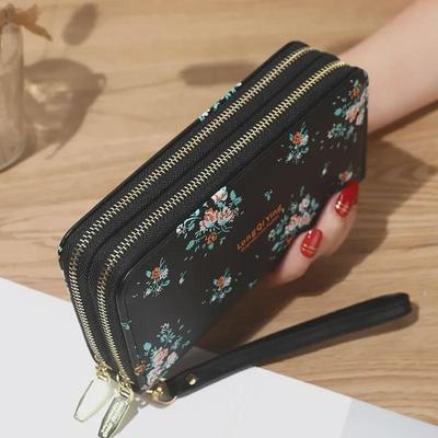 Nova bolsa versátil para celular com zíper duplo e estampa floral coreana, grande capacidade, e porta-moedas macio para mulheres