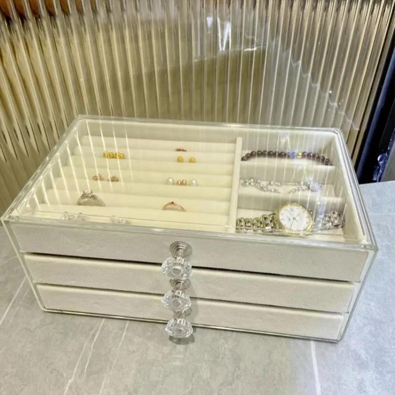 Velvet Jewelry Organizer for Women 3 Drawers Stackable Acrylic Display Case Earring Necklace Bracelet Storage Box Holder