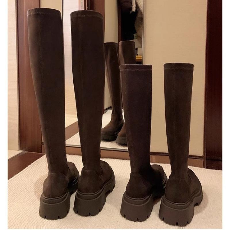 Grape Mother of the Same Style, Versatile Round Head Thick Sole Heightened Thick Heel Legs Straight Thin Suede Boots Autumn and Winter Women's Over-th