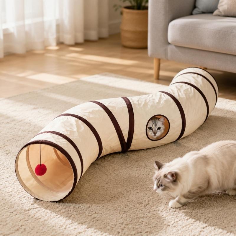 Fabric Tunnel Runner for Small Animals in Rooms, Arched Activity Passage with Suspended Toy Detail for Daily Exercise, Stalking and Rest Time