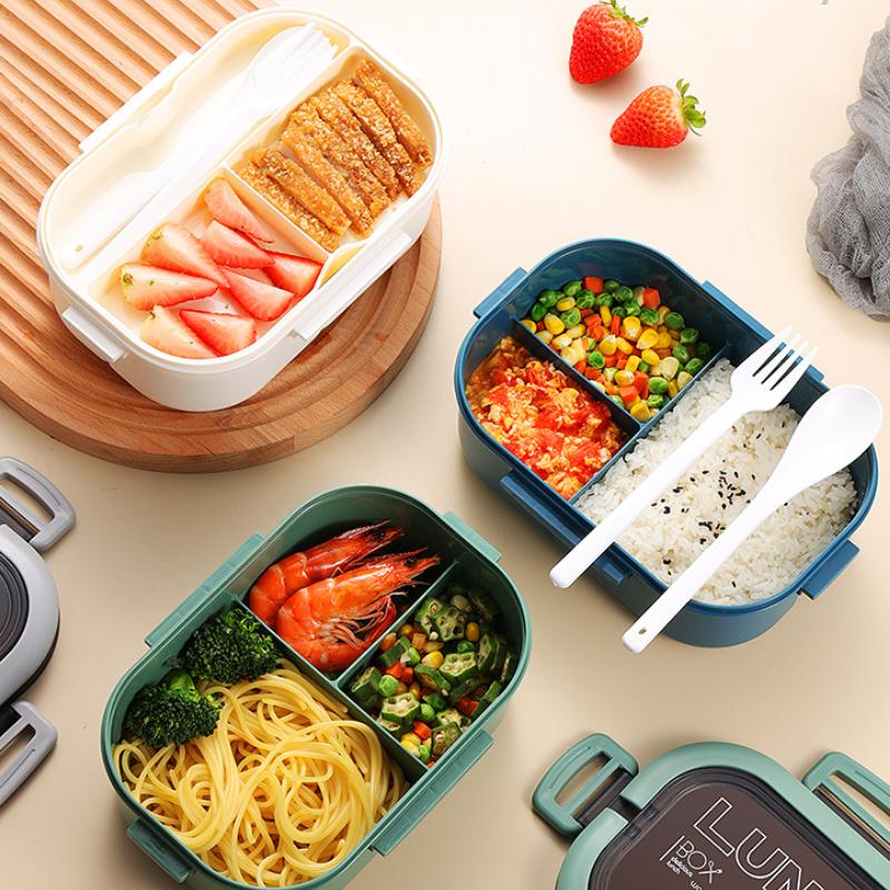 1200ml 3 Grids Plastic Compartment Bento Boxes with Fork and Spoon Multiple Layers Kid's Lunch Box Office Worker Tuppers Food