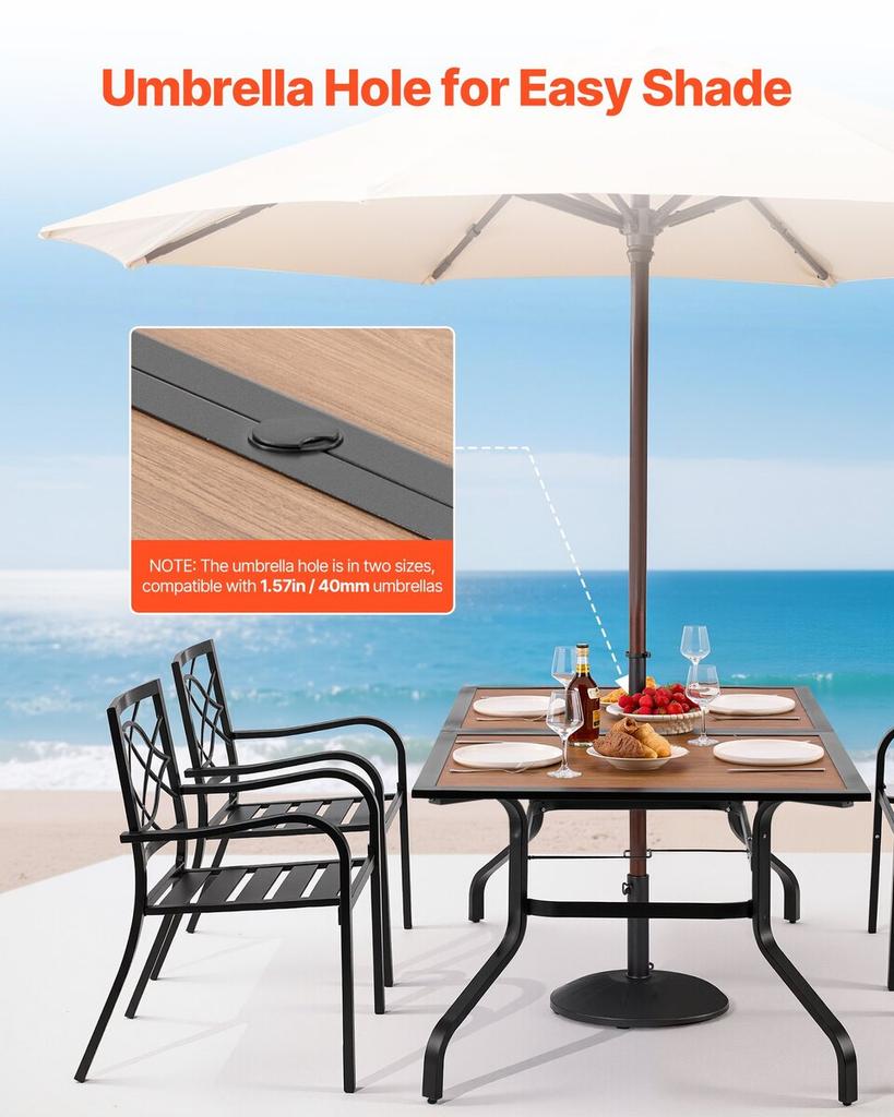 Outdoor Patio Dining Table, 150cm Long Rectangular Wood-Like Steel Slat Backyard Bistro Tables for 4-6, with 38mm Umbrella Hole, All-Weather Large