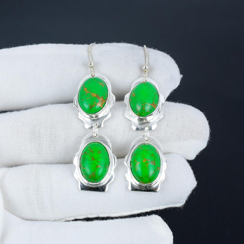 Grüner Türkis Edelstein Hängeohrringe 925 Sterlingsilber Ohrring, Handgefertigter Boho Silber Schmuck Hängeohrringe, Verlobungsgeschenk