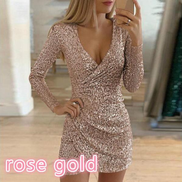 Sexy Silber Glitter Kleider Für Frauen 2021 Tiefem V-ausschnitt Pailletten Mini Bodycon Dress Herbst Winter Langarm Party Dress