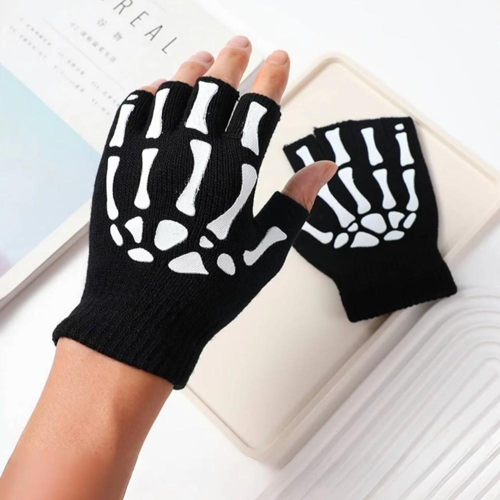 Black Punk Skeleton Gloves Stretch Skull Half Finger Gloves Dress Up Cosplay Gloves Winter Season