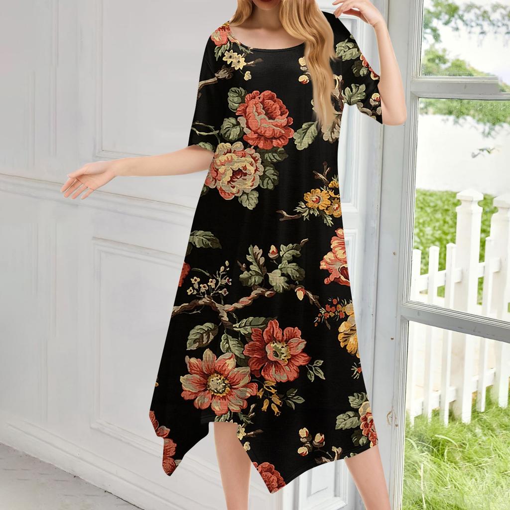 Damen Casual Mode Rundhals Kurzarm Druck Unregelmäßiger Saum Midi-Kleid