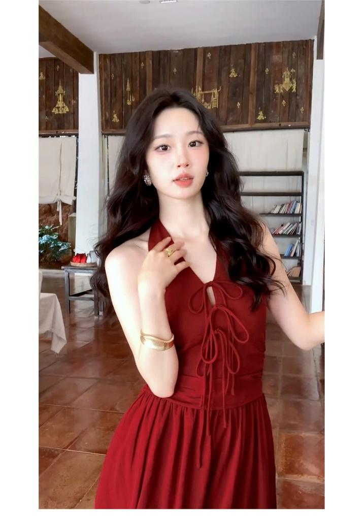 [Summer Muse] Red Hong Kong Style Retro Neck Backless Dress Summer French Sleeveless Long Dress