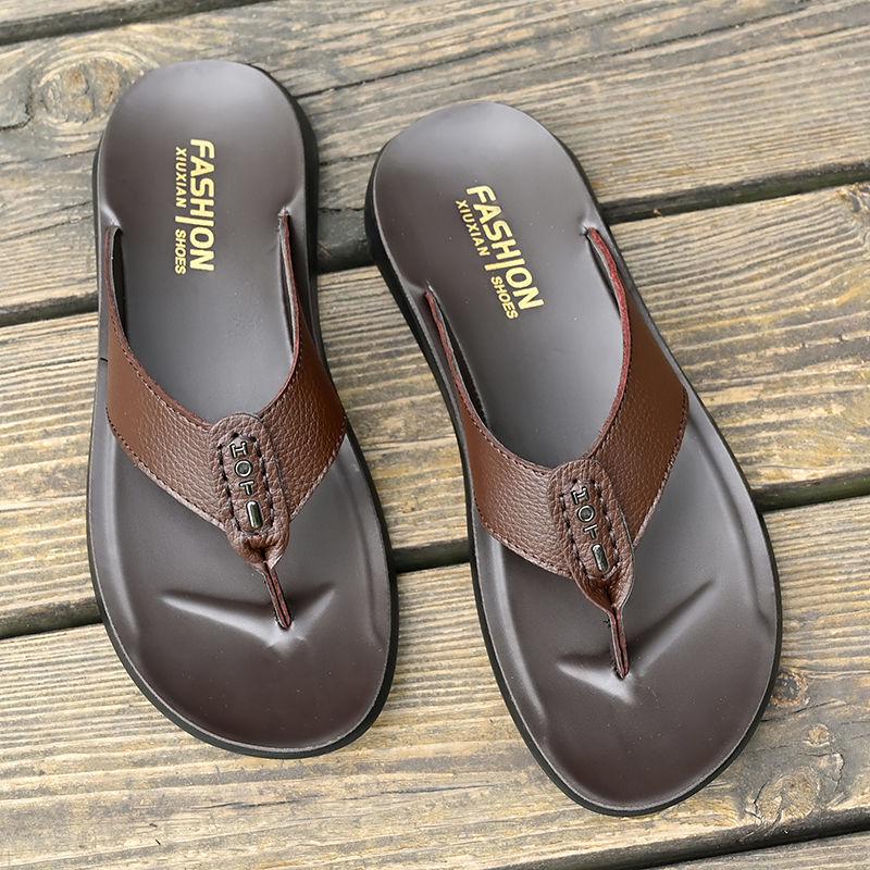 Men's Genuine Leather Summer Flip Flops - Breathable Non-Slip Beach & Casual Home Sandals