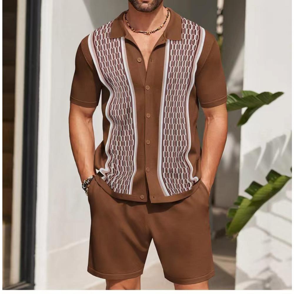 Simple Men Shirt Sets Vintage Stripe Lapel Short Sleeve Casual Shirt Beach Shorts Summer Streetwear Hawaiian Fashion Loose Suits