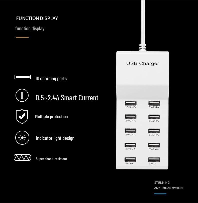 10-Port Fast USB-C Charger for Android & Apple Devices EU Plug