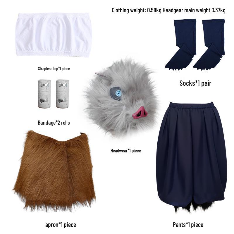 Demon Slayer Inosuke Hashibira Cosplay Costume with Pig's Head Mask and Grass Skirt Pants Set for Halloween