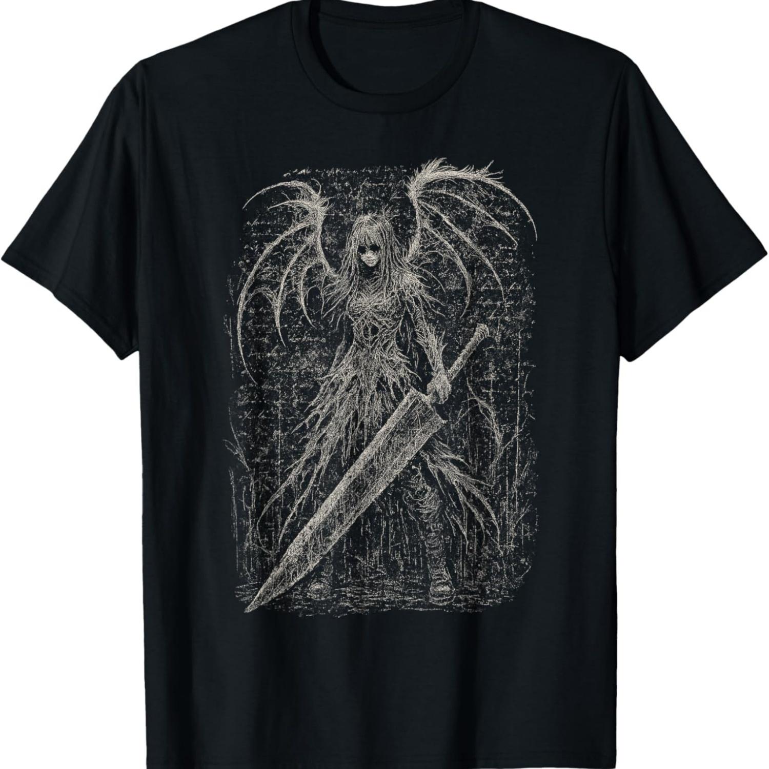 Goth Demon Angel Dark Fallen Sword Horror Hell Alt Aesthetic T-Shirt S чёрный