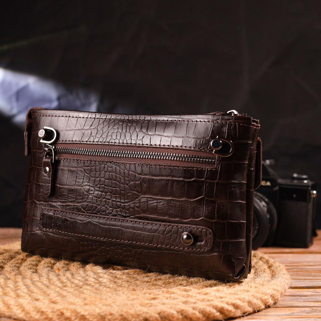 Fashionable Clutch for Men Made of Genuine Textured Leather CANPELLINI 21552 Brown