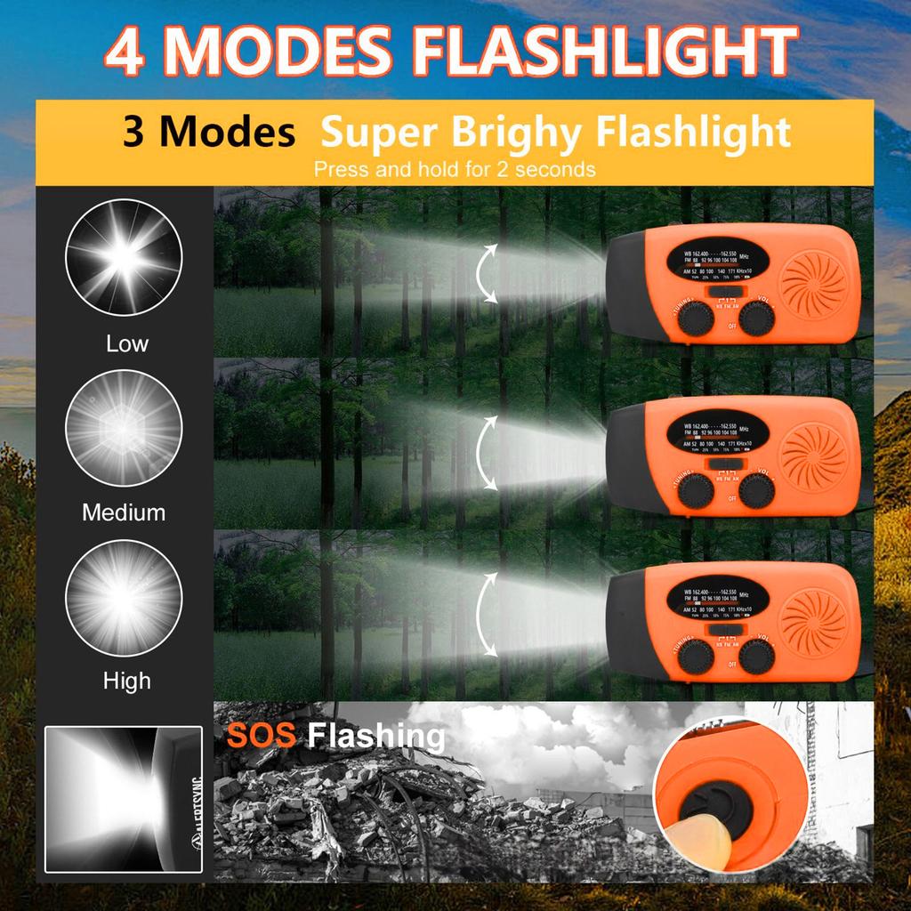 Portable Emergency Radio Emergency Weather Radio AM FM WB Solar Hand Crank Portable Radio with LED Flashlight 6000mAh Battery