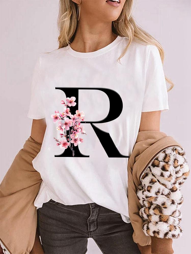 Elegant Cherry Blossom Initial Az Tshirt Unisex Crewneck Floral Letter Graphic Girls Y2k Tops Fashion Mama Birthday Gift Tshirt