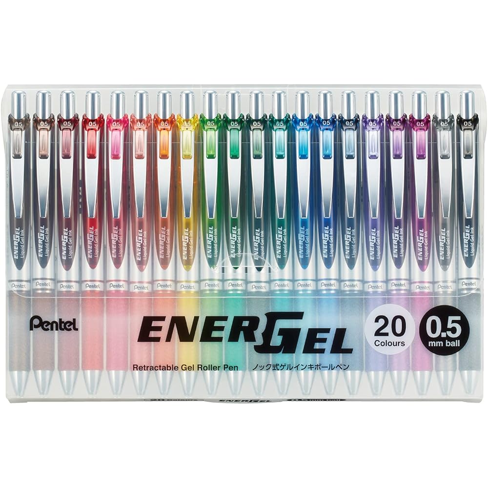 Pentel EnerGel Knock Ballpoint Pen 0.5mm Silver Barrel 20 Colors