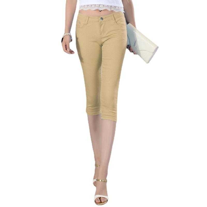 Women Ladies Pencil Pants Summer Pockets Button Skinny Calf Length Pants Casual Stretch 3/4 Trousers Plus Size Female Capris