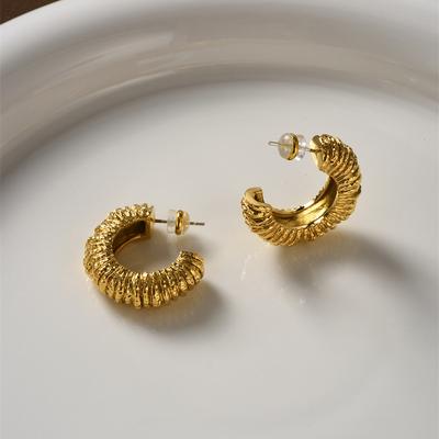 Stainless Steel Metal Irregular Lava Textured C-shape Chunky Stud Earrings Vintage Gold Plated Waterproof Hoop Jewelry Gifts