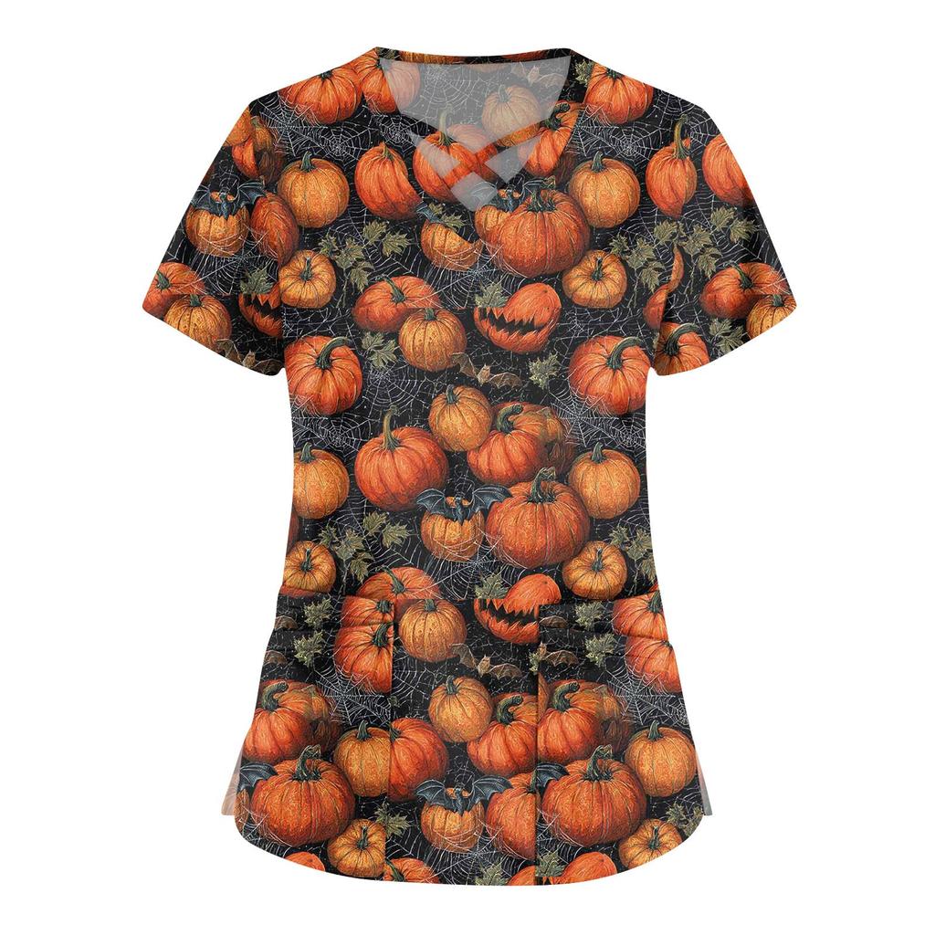 Women's Fashion  V-Neck Short Sleeve Overalls Double Pocket Halloween Printed Tops  Apparel